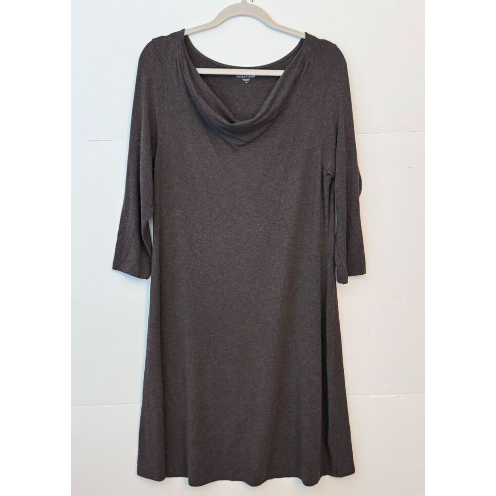 Eileen Fisher Dress Sz M Soft Brown Heather Cowl Neck 3/4 Sleeve Stretch Viscose